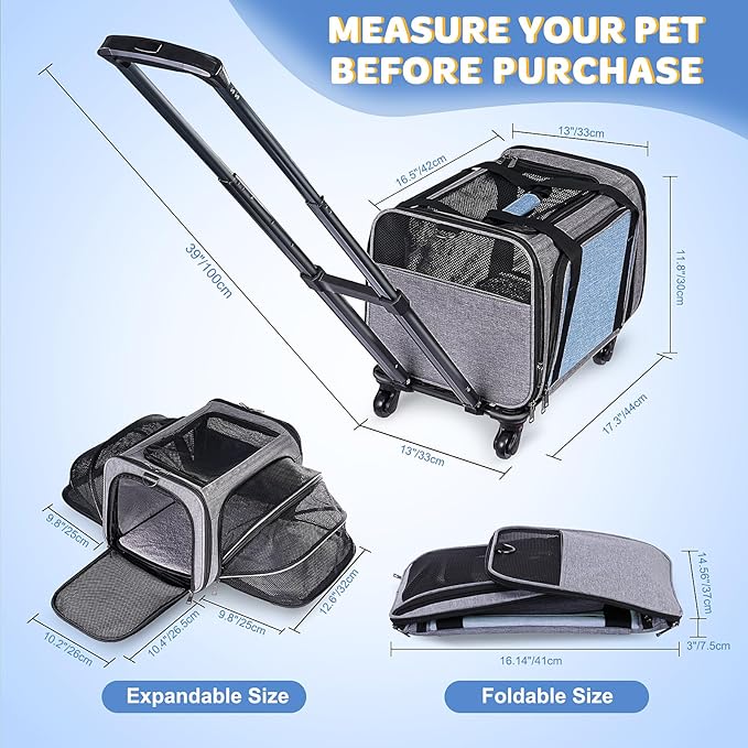 Pet Carrier with Wheels for Cat and Small Dogs: Expandable Airline Approved Rolling Cat Carrier - Cat Carrier Soft for Pets Under 25lbs Travel Plane Trip
