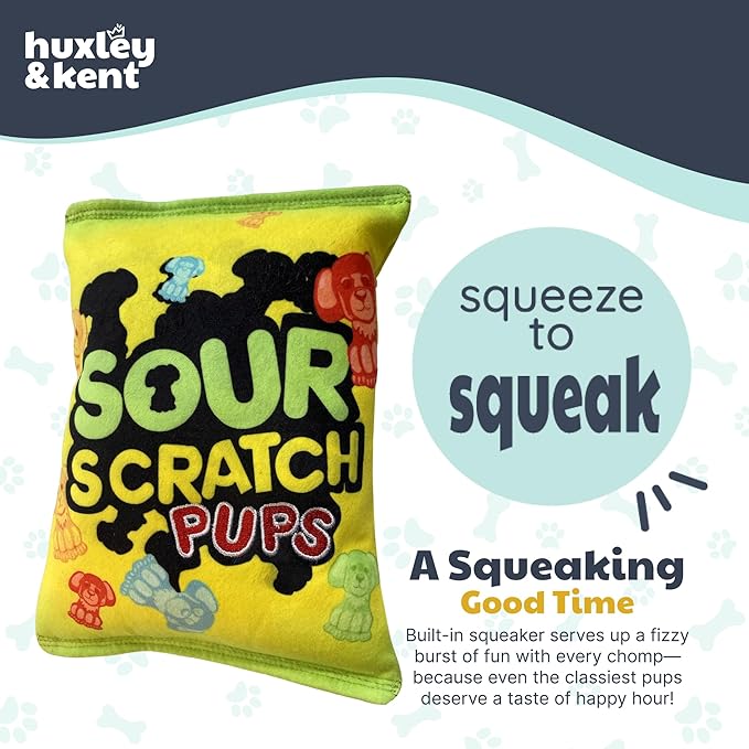 Huxley & Kent Funny Dog Toy w/Squeaker – Power Plush Squeaky Dog Toys for Small, Medium & Large Dogs – Soft Stuffed Animal for Indoor Play & Fetch - Sour Scratch, Small