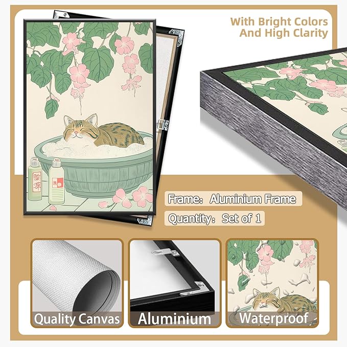 Vintage Tabby Cat in Bathtub Wall Art Funny Japanese Poster Print Relaxation Decor Cute Animal Pet Canvas Neutral Japan Painting for Bathroom Dorm Room Home Aesthetic 16x24inch Metal Black Frame