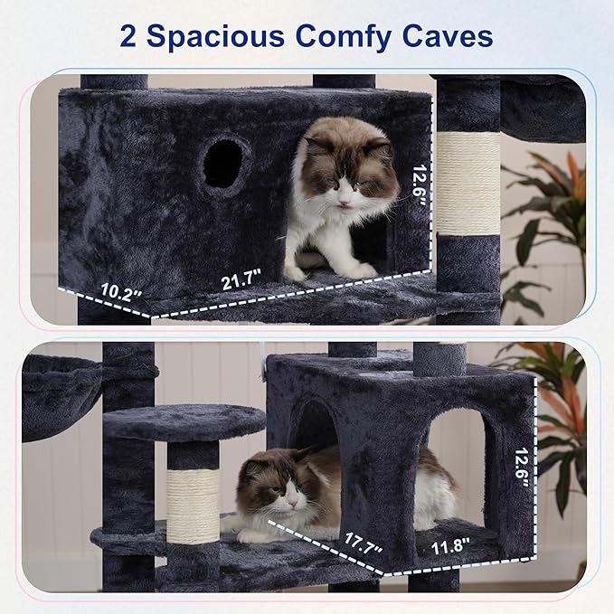 80.7''(205cm) Cat Tree for Indoor Cats, Large Cat Tower for Multi Adult Cats, Cat Tree House with Big Hammock, 2 Top Perches/Cat Condos/Baskets, 8 Scratching Posts, Smoky Gray GCT034G