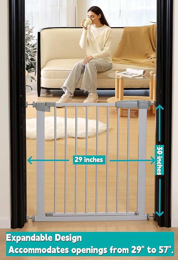 29"-57" Baby and Pet Safety Gate, 30" Tall Metal Walk-Thru Gate for Doorways & Stairs, Easy One-Hand Open, Dual Lock (Gray, 29" W x 30.5“H)