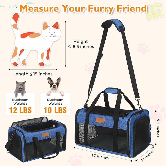 PETUX Pet Carrier Airline Approved, 17"x11"x9.5" Portable Cat Carrier Soft with Anti-Scratch Mesh for Small Cats up to 12 lb, Top Open Breathable Dog Carriers for Puppy up to 10 lb (Blue)