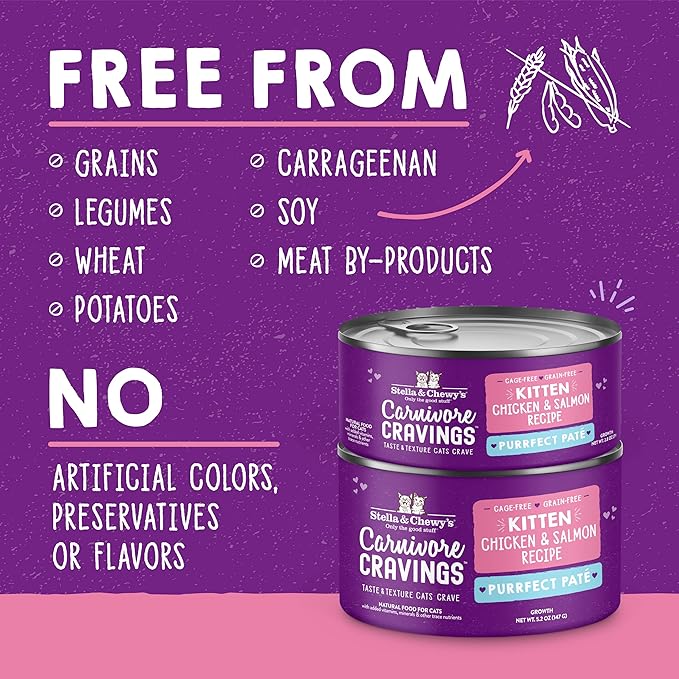Stella & Chewy's Carnivore Cravings Purrfect Paté - Premium Grain-Free Wet Kitten Food - Chicken & Salmon Recipe - High Protein with Bone Broth - Perfect for Picky Kittens - 2.8oz Cans (12 Pack)