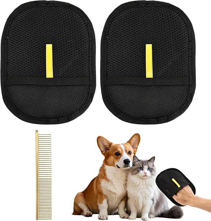 2pcs Cat&Dog Pet Hair Removal Gloves with 1Pcs Gold Medium-Sized Comb Pet Grooming Electrostatic Gloves Cat&Dog Hair for Sofa Clothing Curtain Carpet