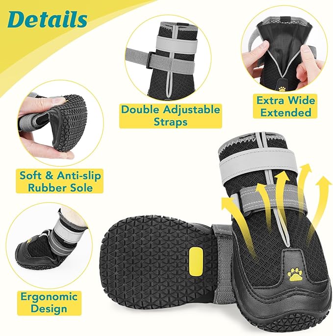 LUCKYPAW Dog Shoes for Large Medium Dogs, Breathable Dog Boots for Hot Pavement, Paw Protectors for Summer Walking Hiking Winter Snow Outdoor, Non Slip Reflective Booties for Hardwood Floor (Black, 8)