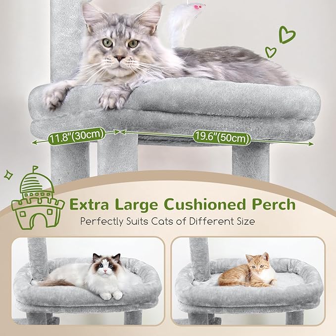 Globlazer F50 Cat Tower for Indoor Cats, 50-inch Heavy Duty Cat Tree for Big Cats, Cat Tree House with Extra-Large Padded Platform, Sisal Scratching Board, 2 Large Condos, Cloud Grey
