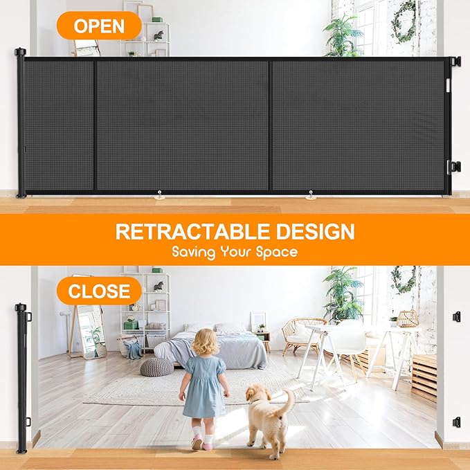 196 Inch Retractable Baby Gates Extra Wide, 41 Inch Reinforced Extra Tall Gate for Large Openings, Mesh Safety Gate for Kids Pets, Retractable Dog Gate for Pool Garages Doorway Indoor Outdoor, Black