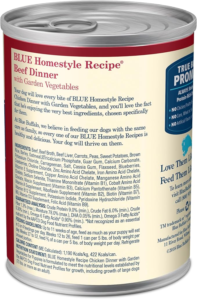 Blue Buffalo Homestyle Recipe Adult Wet Dog Food, Made with Natural Ingredients, Beef Dinner With Garden Vegetables, 12.5-oz Cans (12 Count)