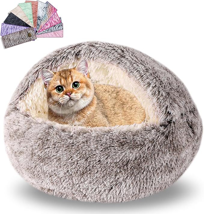 Calming Dog Beds & Cat Cave Bed with Hooded Cover,Washable Round Beds for Small Medium Pets,Anti-Slip Faux Fur Fluffy Coved Bed,Comfortable Warming Pet Bed (24 * 24inch,Khaki)