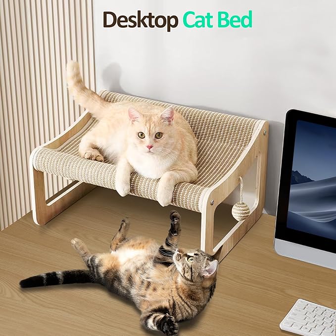 Sisal Cat Scratcher Bed for Indoor Cats,Hammock for Scratching Pad, 2 in 1 Elevated Cat Sisal Chair with 2 Toys Ball for Scratcher Lounge,Kitty Bench,Small Dog Bed,Natural Lounger Chair