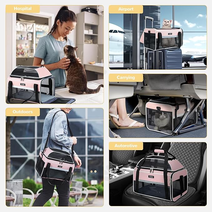 Lekereise Top-Expandable Pet Carrier - TSA Airline Approved Soft Sided Underseat Up to 15lbs Travel Carriers for Small Cats and Dogs with Locking Safety Zippers Anti-Scratch Mesh Pink