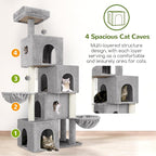 Globlazer Cat Tree Tower Cat Condo for Mutilple Indoor Cats, 70in Tall Cat Tree Furniture Activity Center with 4 Cat Condos, 3 Scratching Posts, 2 Hanging Baskets, Padded Top Perch, F70C, Light Gray