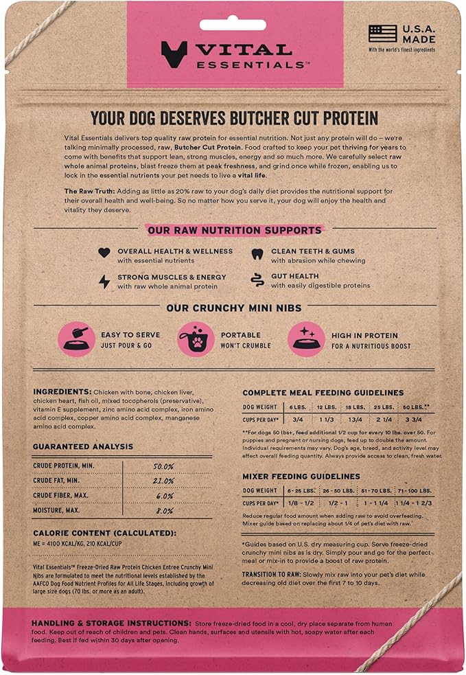 Vital Essentials Freeze-Dried Raw Chicken Meal or Mixer Dog Food Crunchy Mini Nibs, 14 oz