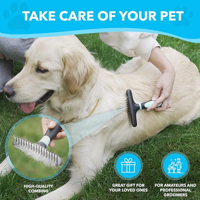 Deshedding Brush - Undercoat Rake for Dogs, Cats, Matted, Short, Long Hair Coats - Double Row Stainless Steel Pins - Reduce Shedding by 90% (Blue)
