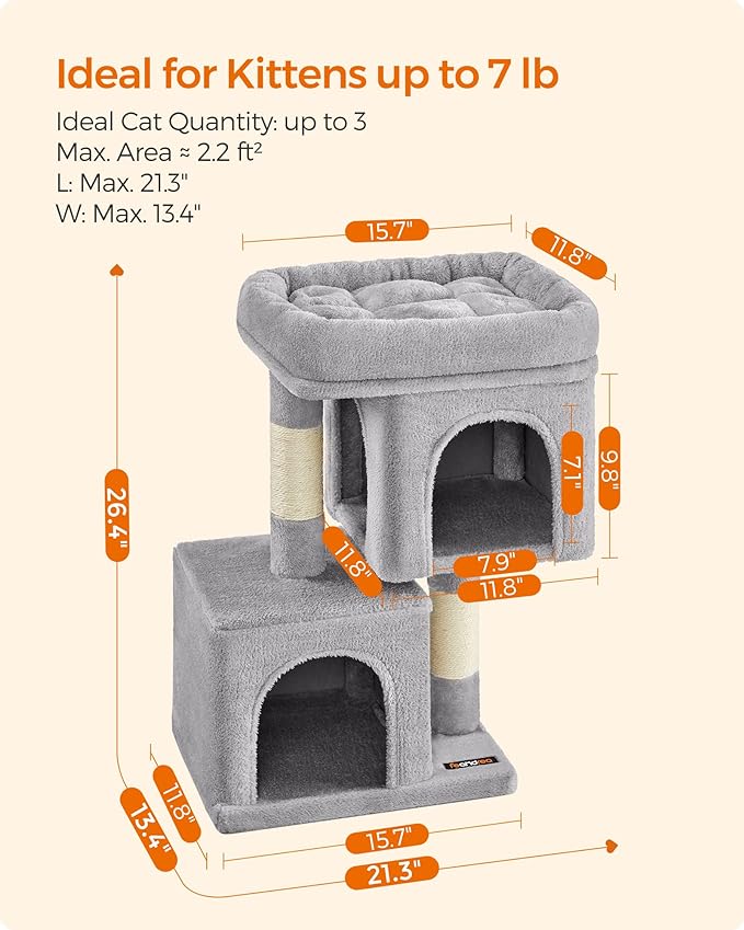 Feandrea Cat Tree, 26.4-Inch Cat Tower, S, Cat Condo for Kittens up to 7 lb, Large Cat Perch, 2 Cat Caves, Scratching Post, Light Gray UPCT611W01