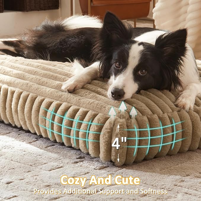 Dog Beds Large Sized Dog, Flat Pet Beds with Removable Washable Cover, Pet Mat Cute Pet Crate Bed Thick Shredded Chopped Crate Foam & Anti Slip Bottom for Indoor, 35"x23"x4" Beige