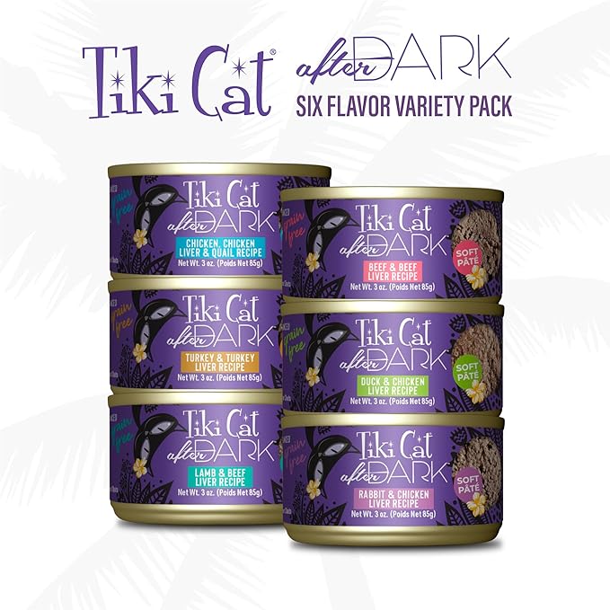 Tiki Cat After Dark Pâté, Variety Pack, High-Protein and 100% Non-GMO Ingredients, Wet Cat Food for Adult Cats, 3 oz. Cans (Pack of 12)