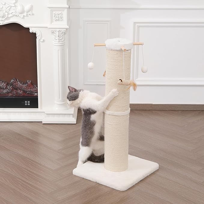 Cat Scratching Post, 32 Inch Large Cat Scratch Post for Adult Cats and Kittens, Nature Sisal with Hanging Toys, Modern Cat Scratcher for Indoor Cats, Protect Your Furniture, Beige