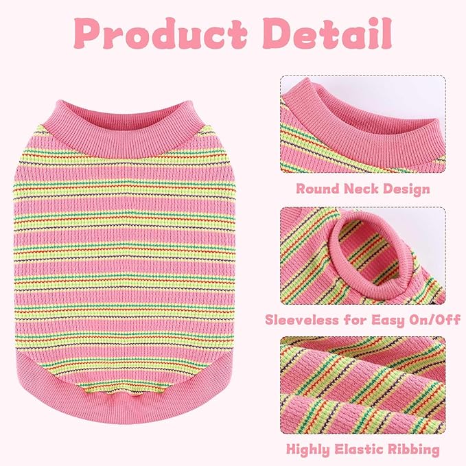 Dog Shirt, Pet Clothes for Chihuahua, Yorkie Teacup Costumes Striped, Small Dogs Sleeveless Tank Top Vest, Breathable Cotton Puppy T-Shirt, Cat Apparel Outfit (Pink, L)