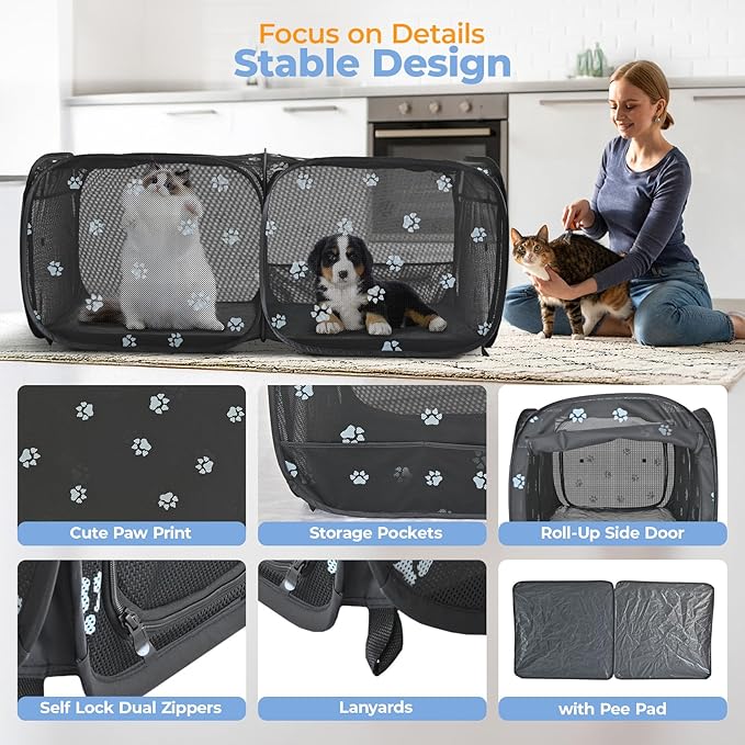 2-in-1 Dog Playpen 73.5''Pop Up Cat Pet Playpen, Assembly-Free Indoor Outdoor Kitten Enclosure, Breathable Cat Cage Portable Puppy Tent Crates Kennel for Small Animals(No Divider, Unified Space)