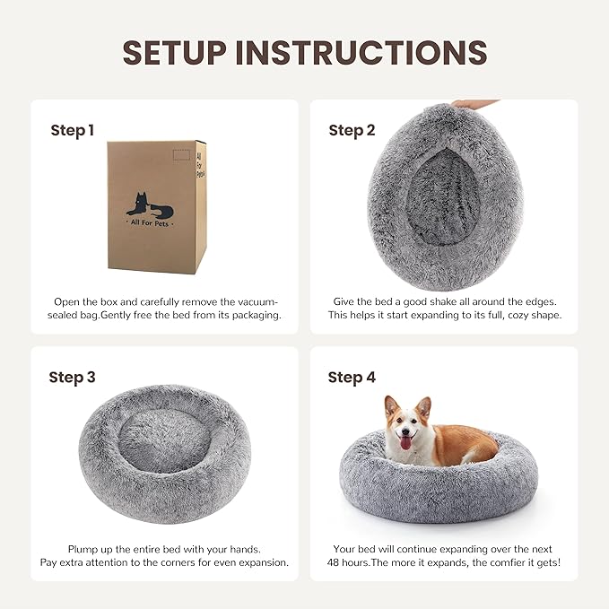 Donut Dog Bed Medium Size Dog, Round Cat Beds for Small Medium Dogs and Cats with Washable Fluffy Faux Fur, Cute Comfort Pet Bed with Anti-Slip Bottom, Grey, 30"