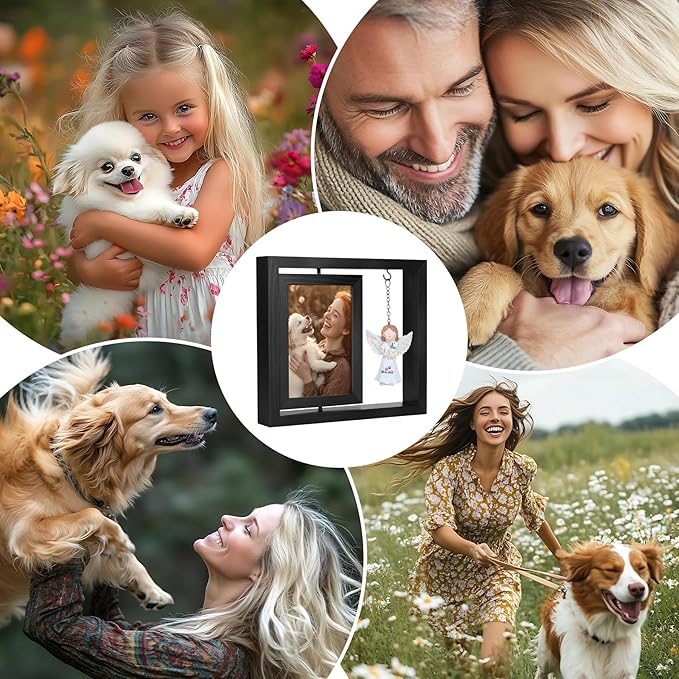 Dog Memorial Gifts for Loss of Dog, Rotating Wooden Picture Frame with Resin Angel Statues for 4x6 Photo, Pet Memorial Gifts for Dog Cat, Pet Loss Sympathy Bereavement Remembrance Keepsake, Black