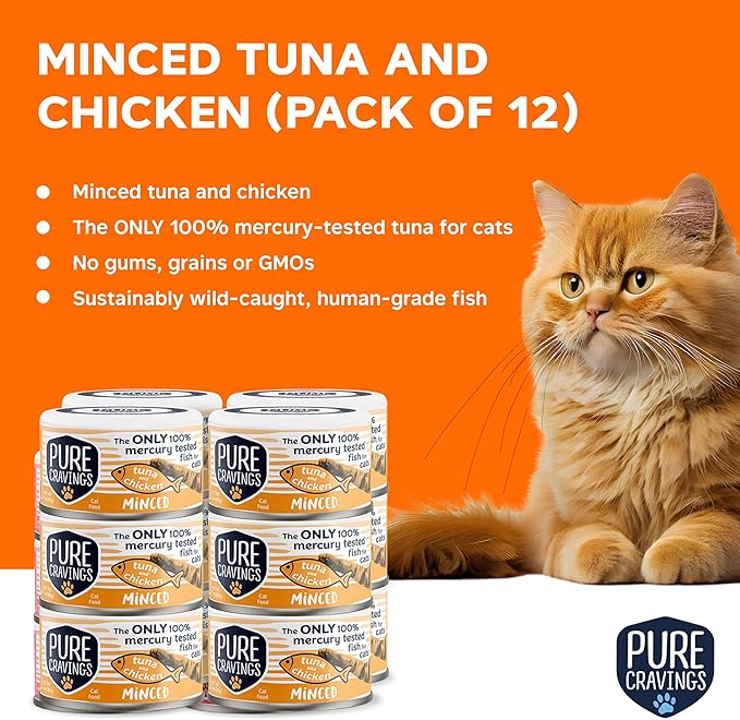 Minced Tuna and Chicken Wet Canned Cat Food, 100% Mercury-Tested, Moist Can Fish for Cats, Grain-Free, Protein, Non-GMO, 3oz, Pack of 12