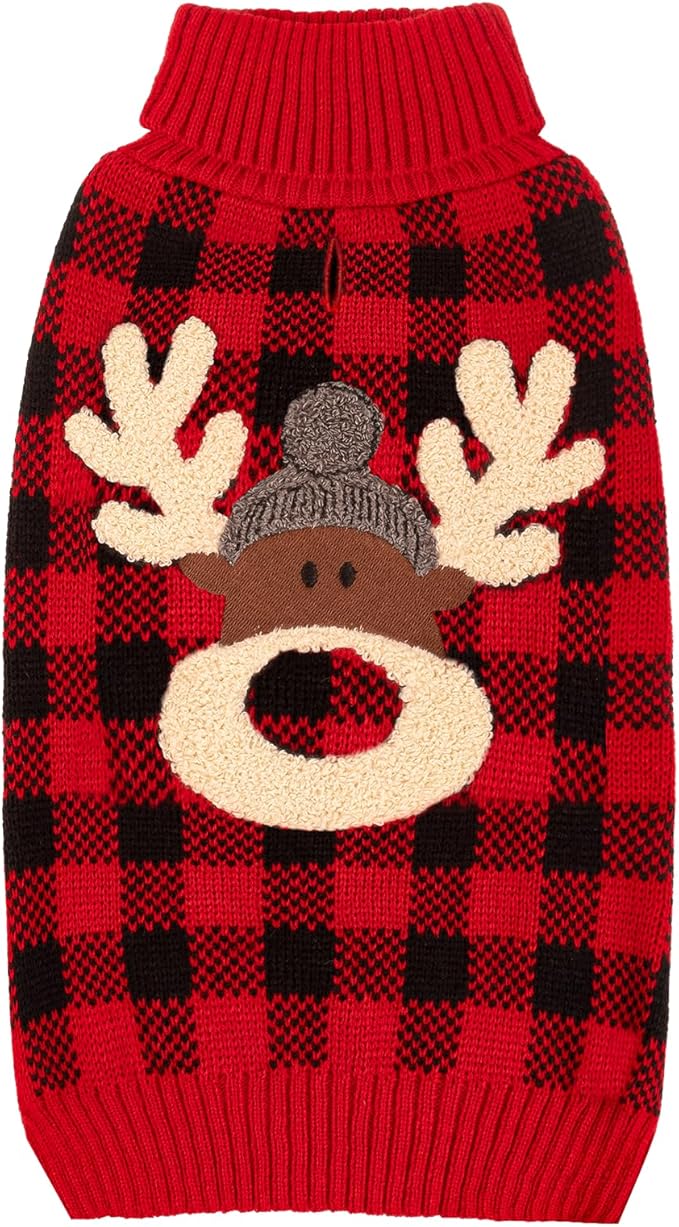 KYEESE Dog Christmas Sweater Reindeer with Leash Hole Christmas Dogs Sweater Red Buffalo Check Pet Sweater Dog Christmas Outfit,XL