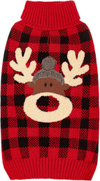 KYEESE Dog Christmas Sweater Reindeer with Leash Hole Christmas Dogs Sweater Red Buffalo Check Pet Sweater Dog Christmas Outfit,XL