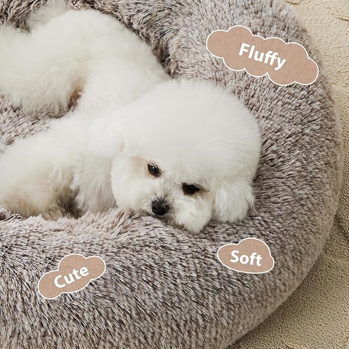 WNPETHOME Calming Dog Bed Cat Bed Donut, Faux Fur Pet Bed Self-Warming Donut Cuddler, Comfortable Round Plush Dog Beds (20 x 20 inch, Light Coffee)