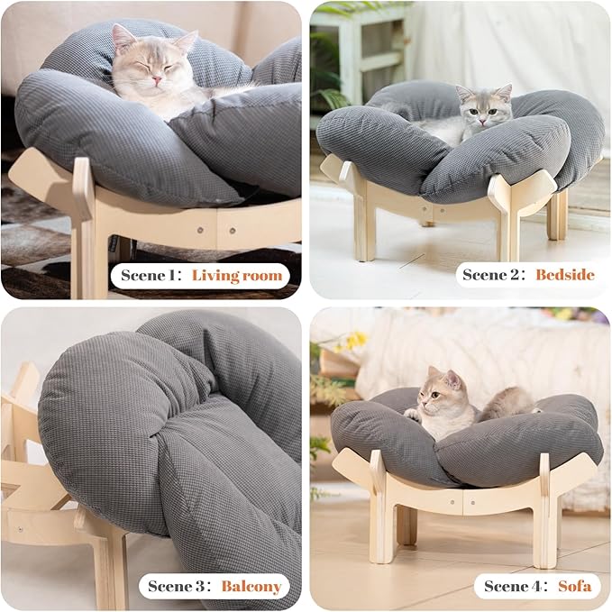 CHEERHOME PETS Elevated Cat Bed Wooden with Cushion Fluffy Pet Couch Sofa for Indoor Cats Raised Kitty Lounge Chair Suitable for Puppy, Cat Furniture(Gray)