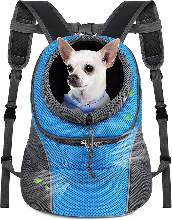 WOYYHO Pet Dog Carrier Backpack Small Dog Front Backpack Ventilated Dog Carrier Back Pack with Storage Pockets, Adjustable Straps & Safety Belt for Travel Hiking Outdoor (Size S: 2-4.5 lbs, Blue)