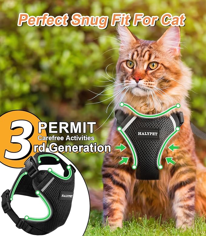 Halypet Cat Harness and Leash Set [ MAX Safety Third Generation ] Escape Proof Soft Adjustable Cat Leash Breathable Comfortable Vest Easy to Wear Kitten Harness for Outdoor Walking Black Small