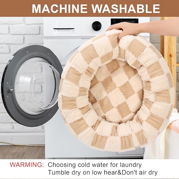 Dog Calming Beds for Small Medium Large Dogs - Round Donut Washable Puppy Dog Bed, Anti-Slip Faux Fur Fluffy Donut Cuddle Anxiety Cat Pet Bed (20" Grid)