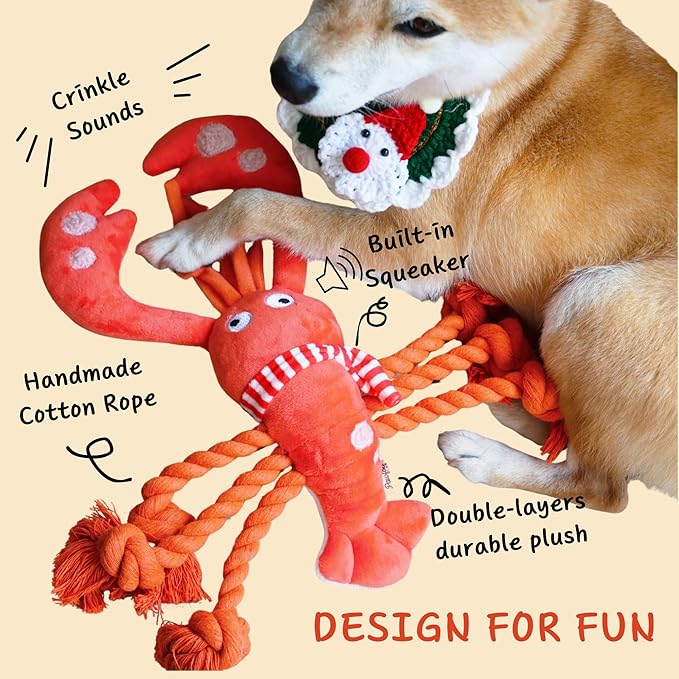 Christmas Dog Toys, Squeaky Tough Rope Tug of War Dog Toys, Interactive Plush Chew Toys, Dog Gifts for Puppy, Small Medium Large Dogs - Lobster