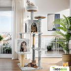 58.5inch Large Cat Tree Tower Condo for Indoor Cats, Soft Plush Multi-Level Climbing Tree Cat House, Scratching Post, More Entrance/Exit, Sisal Rope, Light Grey