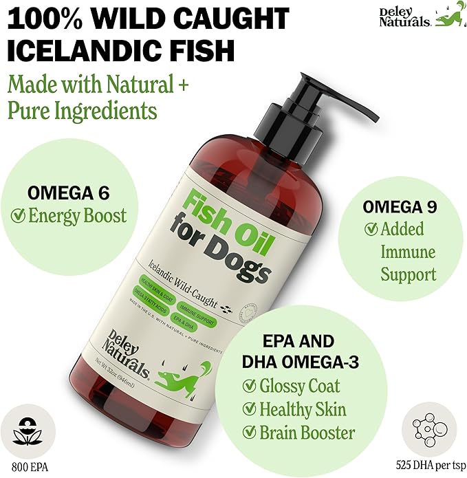Deley Naturals Dog Fish Oil Icelandic 2X Omega - Dog Itching Skin Relief with Omega 3 6 9 for Allergies, Coat & Heart - Omega 3 Fish Oil for Dogs Skin Irritation - 32oz Omega Oil for Dogs Made in USA