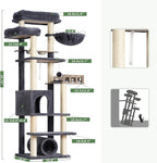 Cat Tree with Tunnel, Cat Tower for Indoor Cats, Tall Cat Tree Tower with Cat Condo, Food Station, Large Platform, Scratching Posts, Hammock, Smoky Gray GCT021G