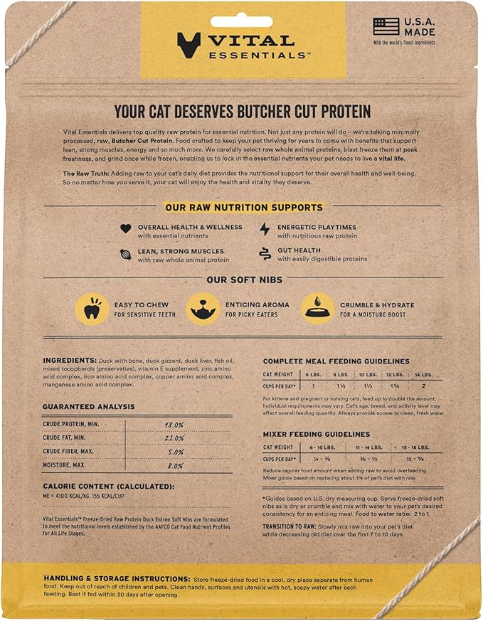 Vital Essentials Freeze-Dried Raw Duck Meal or Mixer Cat Food Soft Nibs | 99% Duck, Organs & Bone | 12 oz