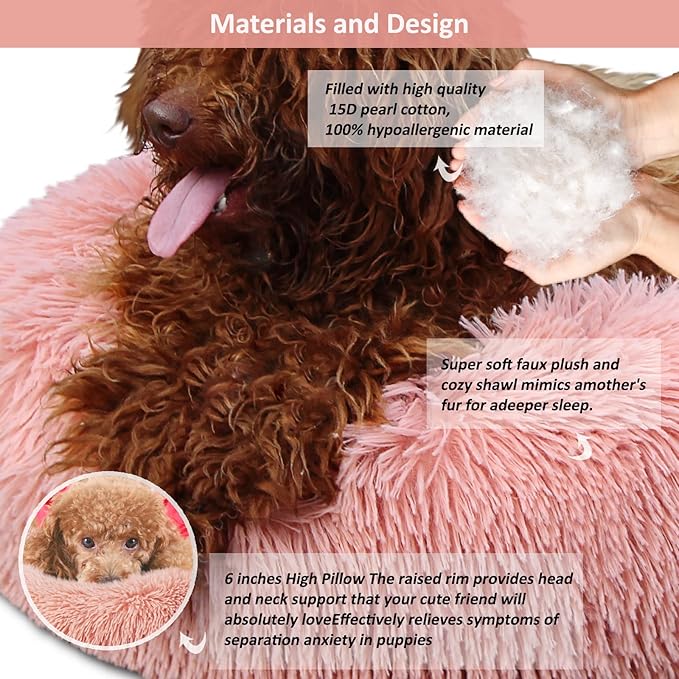 Pink Dog Bed for Small Dogs Machine Washable, Calming Bed for Puppy with Anxiety,19 Inch Round Donut Cute Soft Plush Cuddler Girl Dog Bed for small size dogs with Fluffy Faux Fur,Fits Under 10 lb Pets