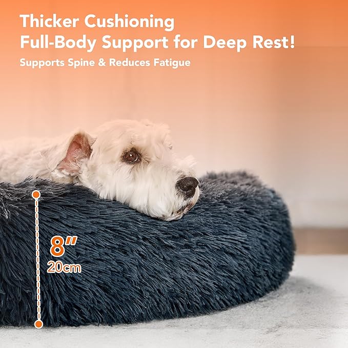 Deconovo Calming Donut Dog Bed, Washable Plush Round Pet Bed for Small Dogs & Cats with Raised Rim, Non-Slip Base and Soft Faux Fur—Lightweight, Easy-Care Design Dark Grey 25" L x 25" W x 8" Th