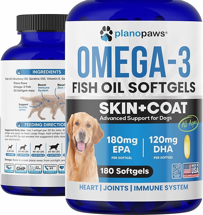 Omega 3 Fish Oil for Dogs Capsules - Salmon Oil for Dogs - Dog Fish Oil Supplement May Help Shedding, Allergy, Itching - Support Dry Skin, Joints - Dog Skin and Coat Supplement - 180 Fish Oil Pills