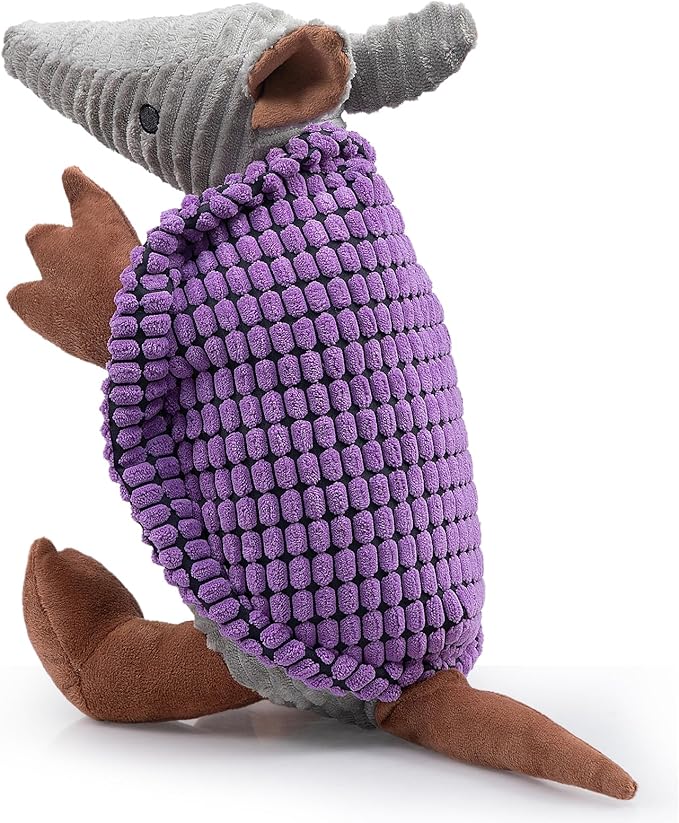 Hollypet Plush Dog Squeaky Toy Stuffed Armadillo Animal Pet Puppy Chew Toys with Clean Teeth for Small Medium Large All Breed Sizes Dogs, Purple, 14 in