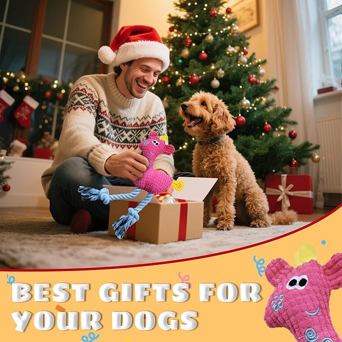 Squeak Plush Dog Toys for Small & Medium Breeds, Chew Resistant Rope to Keep Them Busy for Puppy Teething Chewing, Interactive Indoor/Outdoor Play, Best Pet Gift, Pink Deer