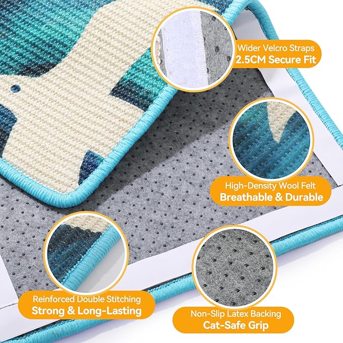 3-in-1 Sisal Cat Scratcher Mat 23.6x15.7'' Protects Carpet Couch & Furniture with Sticker Tape, Floor & Wall Cat Scratching Pad, Anti-Slip, Durable for Indoor Outdoor Cats (Blue Skyward)