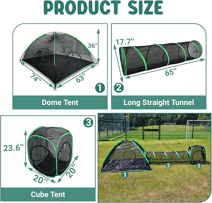 3-in-1 Outdoor Cat Enclosure, Portable Catio for Outside, Outdoor Cat Tent with 2 Tents and 1 Straight Tunnel, Green Enclosed Playpen for Kitty and Other Small Animals, Support Expansion
