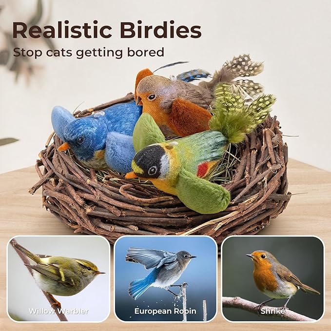 2-pack catnip cat toys that stimulate indoor cats' natural hunting instincts,Interactive plush bird toy with realistic chirping sounds to tease your cat (Green artificial bird + blue artificial bird)