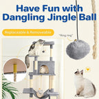 Cat Tree Tower 63in Multi-Level Cat Tower for Indoor Cats with Sisal Scratching Posts, Condo, Hammock, Dangling Ball and Extended Platform for Cats to Play, Light Grey