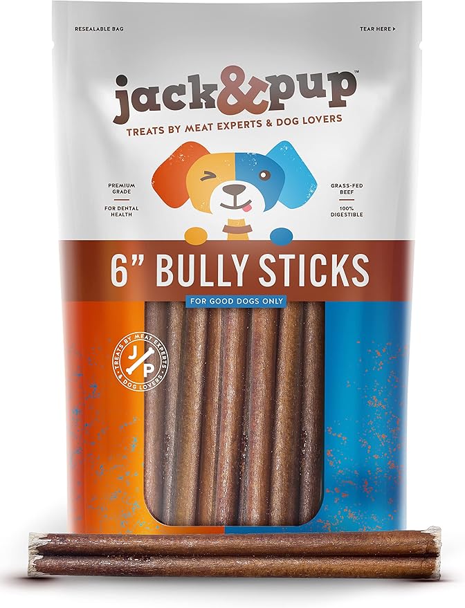 Jack&Pup 6-inch Bully Sticks for Dogs (7 Pack) All Natural Dog Chews Long Lasting, Dog Chews for Medium Chewers