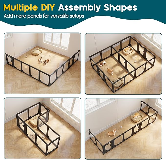 Albott Acrylic Clear Dog Playpen Indoor, Modular Puppy Cat Small Pet Play Pen with 2 Doors, Transparent Fence for Little Dogs, Cats, Rabbits, Easy Assemble and Disassemble, Black (24" H, 14 pcs)